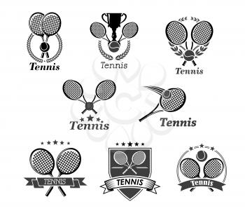 Tennis championship awards vector icons. Set of badges for sport club tournament with symbols of ball and rackets, victory laurel wreath ribbon and winner cup goblet with crown of stars