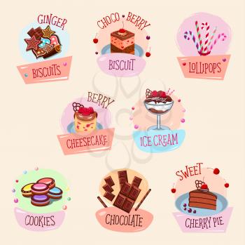 Bakery desserts vector icons set. Ginger biscuits with chocolate and berry, sweet lollipops and cheesecake tart, ice cream or homemade cherry pie and cookies. Design for pastry or patisserie