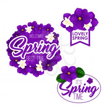 Spring floral wreath and badge set. Flower frame and bunch of violet and jasmine with green leaf isolated symbol for spring season holidays greeting card, gift tag and label design