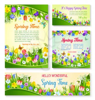 Spring flower greeting card, banner and poster. Sunny flower meadow with blooming tulip, lily of the valley, narcissus, snowdrop, crocus and butterfly. Springtime holiday themes design