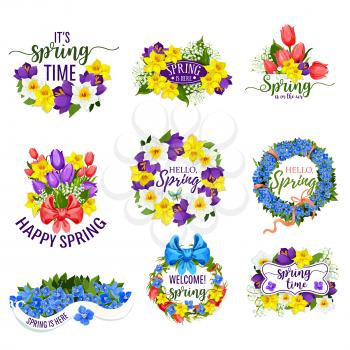 Hello Spring flowers and floral bunches. Vector blooming bouquets of springtime tulips, daffodils or crocuses, narcissus or lily of valley flower with bow ribbons. Design for spring holiday greeting