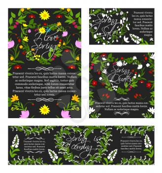 Spring banners and posters set for springtime holiday greetings. Vector quotes of Hello Spring and Love design for shopping time and discount with blooming flowers and heart floral ornaments