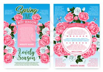 Spring time poster of flowers, bouquets and floral frames. Vector design for seasonal lovely springtime holiday greetings with blooming garden roses and spring butterflies on flowers bunches
