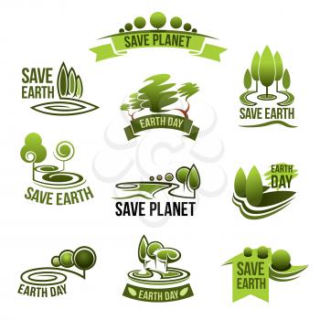 Save Earth icons for green nature and planet environment conservation concept. 22 April global ecology pollution protection Earth Day design. Vector symbols of trees and plants isolated set