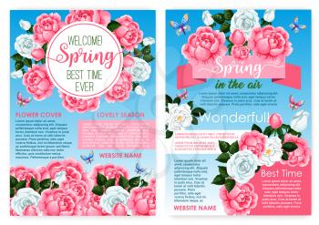 Welcome Spring vector posters set with blooming roses and flowers bunches. Spring is in the Air seasonal springtime greeting quotes with flourish bouquets and butterflies on garden floral blossoms