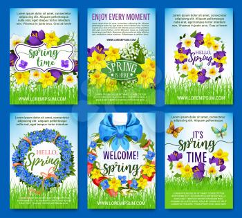 Spring greeting posters. Vector design of springtime flowers, floral wreath and bouquets for spring holiday. Blooming tulips or iris, daffodils narcissus, crocuses and lily or snowdrops on green grass