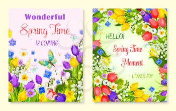 Spring floral greeting card set. Spring flower meadow of blooming tulip, narcissus, lily of the valley, snowdrop and green leaves with flying butterfly and greeting wishes for spring holidays design