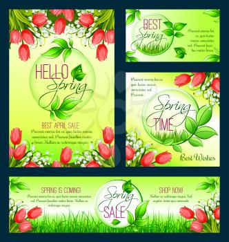 Spring sale banner template set. Discount price and special offer floral poster with spring flower meadow of tulip, lily, grass and green leaf frame with text Spring Sale for promotion flyer design