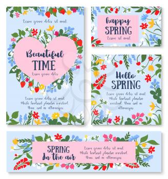 Hello spring floral greeting card and banner template. Spring flower and berry frame in shape of heart with daisy, lily, strawberry, cherry, snowdrop and herbs cartoon poster for spring holiday design
