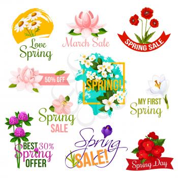 Spring sale floral label and emblem set. Blooming spring flower of daisy, crocus, clover, lotus, poppy, jasmine and begonia with green leaf and ribbon banner for spring holidays design