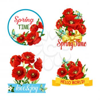 Spring greeting quotes of blooming red poppy flowers, floral wreath and ribbon bows. Vector isolated icons set of flourish bouquets, orchid blossom buds and butterflies for springtime holidays design