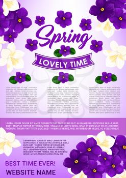 Hello Spring floral poster template with purple and white flowers. Bunch of crocus, jasmine and violet flower with text layout, decorated by ribbon for springtime holidays web banner design