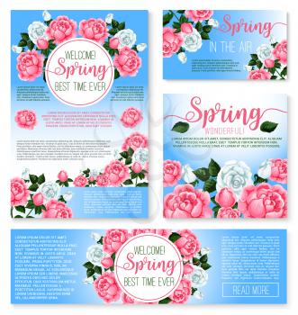 Welcome Spring seasonal greeting templates set. Blooming springtime flowers design of flourish wreath bouquets and roses petals and blossoms. spring is in the Air holiday quotes