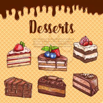 Bakery desserts and cakes vector sketch poster. Pastry sweet cheesecake biscuit, chocolate brownie torte and charlotte pies with cherry and berry topping on wafer background for patisserie design