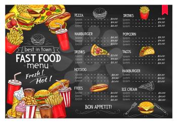 Fast food restaurant menu. Price design cover for fastfood burgers meals and french fries snacks, hot dog and pizza or barbecue chicken wings and nuggets, cheeseburger. popcorn and ice cream dessert