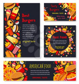 Fast food restaurant vector posters and banners set. Fastfood burgers variety, snacks and meals, french fries and hot dog sandwich, pizza and popcorn dessert with ice cream and donut