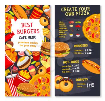 Fast food vector menu card with prices for burgers, pizza or hot dogs and donuts. Fastfood restaurant meals of burgers, french fries snacks and chicken grill meals, sandwich and with ice cream dessert