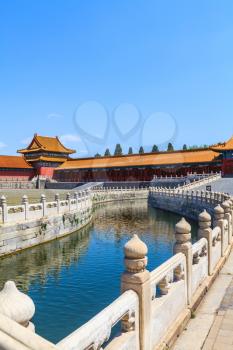  Beijing, China - April 28, 2015: Forbidden City, Beijing, China. Inner Golden River with marble bridges decorated carved balustrades