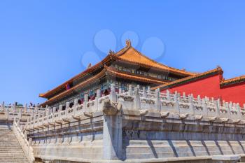 Beijing, China - April 29, 2015: Forbidden City, Beijing, China. The Hall of Supreme Harmony marble terrace and stairs with ornamental balustrades