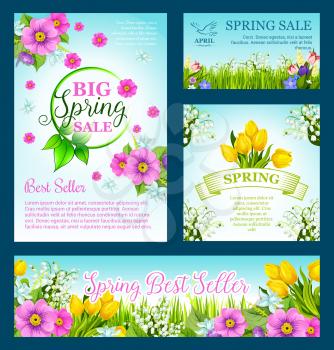 Big Spring Sale vector templates of posters and banners with springtime flowers for spring holiday discount promo offer. Floral design of blooming pink flowers and blossoming tulips bouquet on green g
