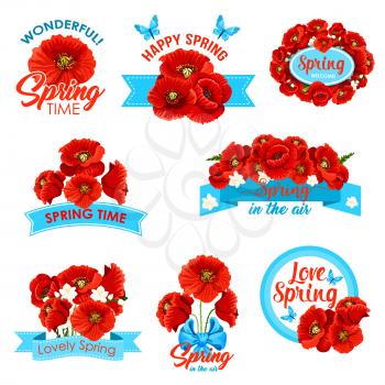 Happy spring, springtime holidays greeting icon set. Flowers of poppy and crocus wreath, border and bunch, decorated with ribbon banner, bow and butterflies. Spring sale label and hello spring design