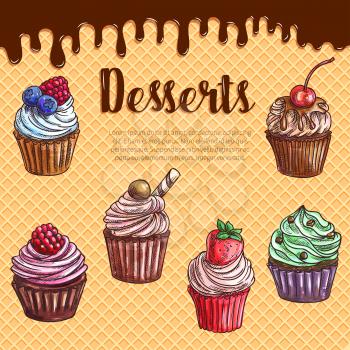 Cupcake desserts vector waffle poster. Pastry sweet muffin biscuits, chocolate brownie muffins with cherry and cream topping, torte cakes or tiramisu pies for patisserie or bakery cafe design