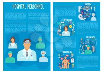 Medical personnel vector brochure. Hospital doctors of oncology, traumatology, endocrinology and infectology medicine. Healthcare medicines x-ray of human spine and foot, wheelchair and mri scan of he