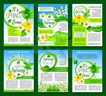 Happy springtime greeting poster template with spring flowers. Green leaf floral frame with narcissus, lily of the valley flowers and text layouts with spring grass border on blue sky background