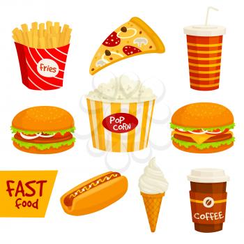 Fast food sandwich, drink and snack isolated icon set. Hamburger, pizza slice, hot dog, coffee, french fries, sweet soda, cheeseburger, popcorn and ice cream cone. Fast food takeaway menu design
