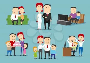 Family in different life stages cartoon set. Loving couple spending time together, father, mother, son and daughter celebrating birthday with cake, playing video games. Family development design