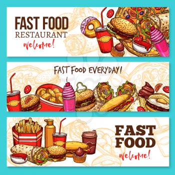 Fast food restaurant banners. Hamburger, hot dog and pizza, french fries, coffee and soda drinks, donut, cheeseburger and egg sandwich, cupcake, ice cream, burrito, ketchup and mustard sauces