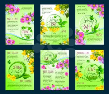 Spring season sale poster template. Spring flower discount flyer with floral bunch of tulip, narcissus, lily and crocus, green leaf and grass frame for special offer banner and brochure design