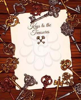 Vintage key with old paper scroll on wooden background. Antique skeleton key sketches, placed around blank paper with copy space for greeting card, invitation or decorative frame border design