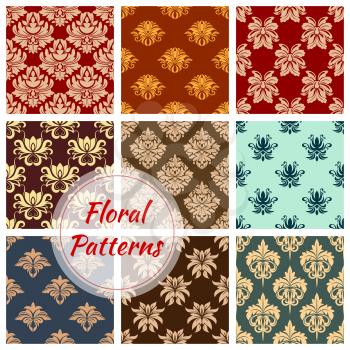 Floral damask seamless pattern set. Flower ornament of ornate baroque tracery and royal victorian flourish motif for wallpaper pattern or textile embellishment design