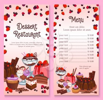 Pastry menu design for cakes and cupcakes desserts Vector price template for patisserie or cafeteria with chocolate tiramisu and brownie torte or charlotte pudding pie, sweet candy muffin and ice crea