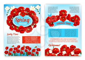 Springtime holidays brochure template. Spring floral frame of poppy and jasmine flowers with ribbon banner, butterfly and green leaves. Flower wreath with greetings for spring season holidays design
