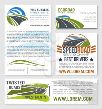 Road banners and posters for construction or investment company or motor races and drivers tournament or championship. Vector design of motorways path and curved lanes for eco road building corporatio