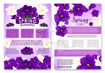 Spring flowers vector posters for springtime holiday greeting design of violas or violet bunches and blooming wreath of crocuses and flourish cherry blossom of orchid petals with quotes and floral rib