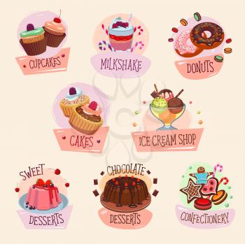 Desserts and pastry cakes vector icons set for bakery shop or homemade patisserie. Cakes and cupcakes, ice cream and fresh chocolate milkshake, charlotte or tiramisu pudding and cheesecake biscuit pie