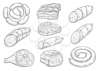 Meat products and butchery delicatessen vector sketch icons. Isolated set of bacon brisket, frankfurter or saveloy sausages, cervelat and pork lard, salami and steak for butcher shop and gourmet gastr