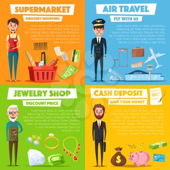 Shopping, jewelry, air travel and finance service and profession vector posters set. Grocery seller or cashier, jeweler with diamond gems and aircraft pilot, bank manager or businessman with money and