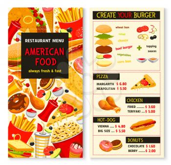 Fast food menu. Vector template design for fastfood restaurant. Price for hamburger and french fries combo meal, cheeseburgers and pizza, soda or coffee drinks and ice cream dessert, hot dog and chick