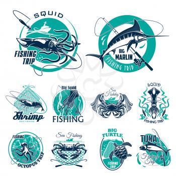 Fishing trip vector icons or badges for fisherman adventure club. Isolated symbols of big fish catch, fisher tackles and seafood crab lobster or squid, tuna or turtle in scoop net, fishing rod and mar