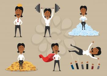 Success and victory achievements vector concept. Super mighty leader woman or winner business character in golden crown, holding barbell, sitting on gold and diamonds and cheered on hands