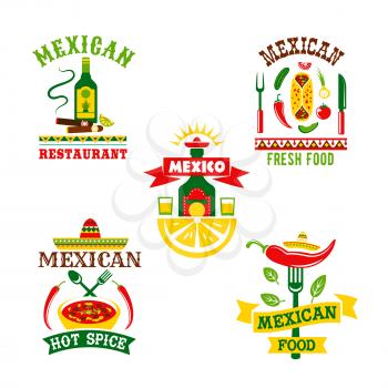 Mexican restaurant or food cafe vector icons set. Isolated symbols of spicy chili pepper jalapeno, tequila drink and lime, nachos chips with salsa sauce or soup and traditional sombrero hat for Mexico