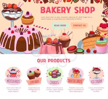 Bakery shop landing page or vector web site template for pastry and desserts. Design of chocolate cake and candy sweets, wafer, cupcake and donut, tiramisu pie or brownie torte and ice cream for cafe 