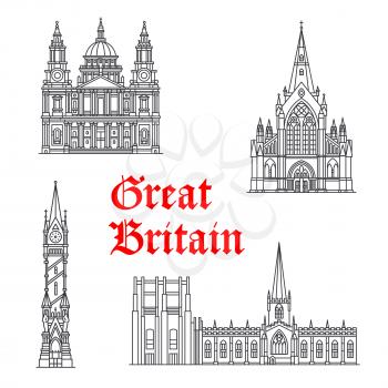 Great Britain architecture and British famous landmark buildings. Vector isolated icons and facades of Clock Tower, St Mungo, St Paul and Sheffield Cathedral in London