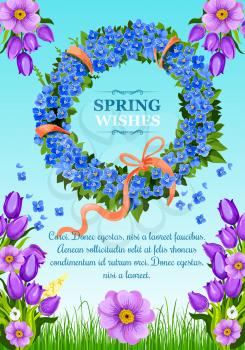 Spring wishes or vector greeting card with springtime flowers wreath of blue blooming crocuses and ribbon. Spring holidays floral design of tulips or lily and daffodils blossoms in green grass meadow