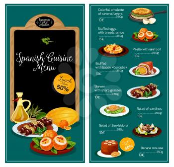 Spanish cuisine restaurant menu vector template. Spain traditional meat hot dishes, soups and vegetable salads, snacks or appetizers and sweet desserts. Mediterranean food meal lunch discount offer pr