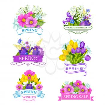 Spring flowers bouquets set. Vector isolated symbols of springtime floral bunches for promo sale design. Blooming crocuses or lily of valley, roses and tulip blossoms, daffodils or violas and garden n